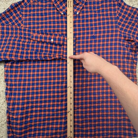 Ralph Lauren Button Up Shirt Cotton Adult Size XL Orange Blue Plaid L/S w Pony - Picture 3 of 8